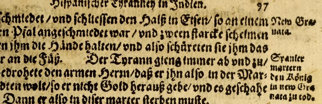 An illustration from Warhafftiger vnd gründtlicher Bericht der Hispanier grewlichen, vnd abschewlichen Tyranney, von jhnen in den West Indien, so die Neuwe Welt genennet wirt, begangen., 1599, leaf 119