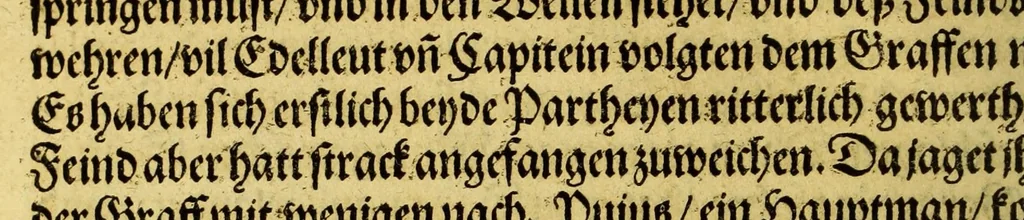 An illustration from Warhafftige und gründtliche Historia dess Zugs, : welchen die edle und gestrenge Herrn, Norwitz und Drak (nach ihrer glücklichen Widerkunfft auss den Occidentalischen Insulen) auss Vergünstigung der Durchleuchtigsten vn[d] Vnvberwindlichsten, Elisabeth, Königin auss Engelland, [et]c. in Portugal fürgenommen haben: in welcher aussführlich angezeigt wirdt, was gemeldte Obersten von Tag zu Tag gehandelt, vnd wider den Feindt erhalten haben, 1590, leaf 24