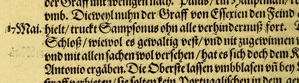 An illustration from Warhafftige und gründtliche Historia dess Zugs, : welchen die edle und gestrenge Herrn, Norwitz und Drak (nach ihrer glücklichen Widerkunfft auss den Occidentalischen Insulen) auss Vergünstigung der Durchleuchtigsten vn[d] Vnvberwindlichsten, Elisabeth, Königin auss Engelland, [et]c. in Portugal fürgenommen haben: in welcher aussführlich angezeigt wirdt, was gemeldte Obersten von Tag zu Tag gehandelt, vnd wider den Feindt erhalten haben, 1590, leaf 24