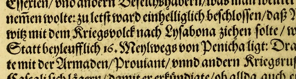 An illustration from Warhafftige und gründtliche Historia dess Zugs, : welchen die edle und gestrenge Herrn, Norwitz und Drak (nach ihrer glücklichen Widerkunfft auss den Occidentalischen Insulen) auss Vergünstigung der Durchleuchtigsten vn[d] Vnvberwindlichsten, Elisabeth, Königin auss Engelland, [et]c. in Portugal fürgenommen haben: in welcher aussführlich angezeigt wirdt, was gemeldte Obersten von Tag zu Tag gehandelt, vnd wider den Feindt erhalten haben, 1590, leaf 24