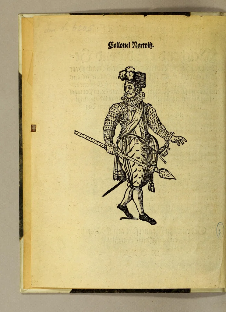 An illustration from Warhafftige und gründtliche Historia dess Zugs, : welchen die edle und gestrenge Herrn, Norwitz und Drak (nach ihrer glücklichen Widerkunfft auss den Occidentalischen Insulen) auss Vergünstigung der Durchleuchtigsten vn[d] Vnvberwindlichsten, Elisabeth, Königin auss Engelland, [et]c. in Portugal fürgenommen haben: in welcher aussführlich angezeigt wirdt, was gemeldte Obersten von Tag zu Tag gehandelt, vnd wider den Feindt erhalten haben, 1590, leaf 4