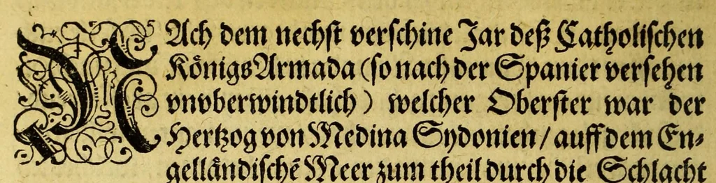 An illustration from Warhafftige und gründtliche Historia dess Zugs, : welchen die edle und gestrenge Herrn, Norwitz und Drak (nach ihrer glücklichen Widerkunfft auss den Occidentalischen Insulen) auss Vergünstigung der Durchleuchtigsten vn[d] Vnvberwindlichsten, Elisabeth, Königin auss Engelland, [et]c. in Portugal fürgenommen haben: in welcher aussführlich angezeigt wirdt, was gemeldte Obersten von Tag zu Tag gehandelt, vnd wider den Feindt erhalten haben, 1590, leaf 8