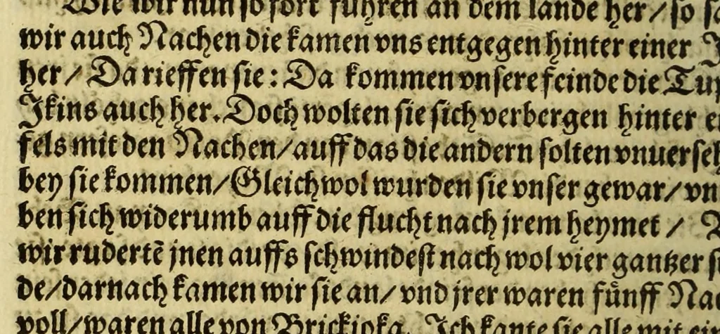 An illustration from Warhafftig Historia vnnd Beschreibung einer Landtschafft der wilden, nacketen, grimmigen Menschfresser Leuthen, in der Newen Welt America gelegen, vor vnd nach Christi Geburt im Land zu Hessen vnbekant, biss auff dise ij. nechst vergangene Jar, da sie Hans Staden von Homberg auss Hessen durch seine eygne Erfarung erkant, vnd jetzund durch den Truck an Tag gibt. : mit einer Vorrede D. Joh. Dryandri ... : Inhalt des Büchlins volget nach den Vorreden, 1557, leaf 110
