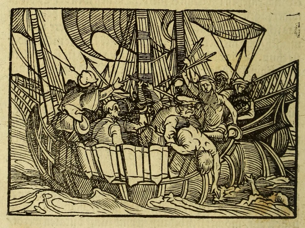 An illustration from Warhafftig Historia vnnd Beschreibung einer Landtschafft der wilden, nacketen, grimmigen Menschfresser Leuthen, in der Newen Welt America gelegen, vor vnd nach Christi Geburt im Land zu Hessen vnbekant, biss auff dise ij. nechst vergangene Jar, da sie Hans Staden von Homberg auss Hessen durch seine eygne Erfarung erkant, vnd jetzund durch den Truck an Tag gibt. : mit einer Vorrede D. Joh. Dryandri ... : Inhalt des Büchlins volget nach den Vorreden, 1557, leaf 126