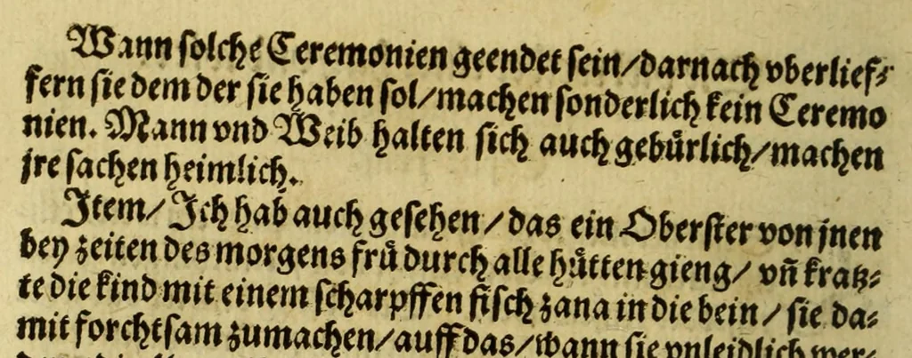 An illustration from Warhafftig Historia vnnd Beschreibung einer Landtschafft der wilden, nacketen, grimmigen Menschfresser Leuthen, in der Newen Welt America gelegen, vor vnd nach Christi Geburt im Land zu Hessen vnbekant, biss auff dise ij. nechst vergangene Jar, da sie Hans Staden von Homberg auss Hessen durch seine eygne Erfarung erkant, vnd jetzund durch den Truck an Tag gibt. : mit einer Vorrede D. Joh. Dryandri ... : Inhalt des Büchlins volget nach den Vorreden, 1557, leaf 154