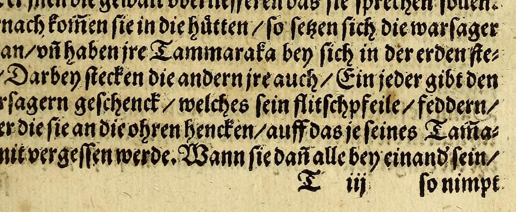 An illustration from Warhafftig Historia vnnd Beschreibung einer Landtschafft der wilden, nacketen, grimmigen Menschfresser Leuthen, in der Newen Welt America gelegen, vor vnd nach Christi Geburt im Land zu Hessen vnbekant, biss auff dise ij. nechst vergangene Jar, da sie Hans Staden von Homberg auss Hessen durch seine eygne Erfarung erkant, vnd jetzund durch den Truck an Tag gibt. : mit einer Vorrede D. Joh. Dryandri ... : Inhalt des Büchlins volget nach den Vorreden, 1557, leaf 155