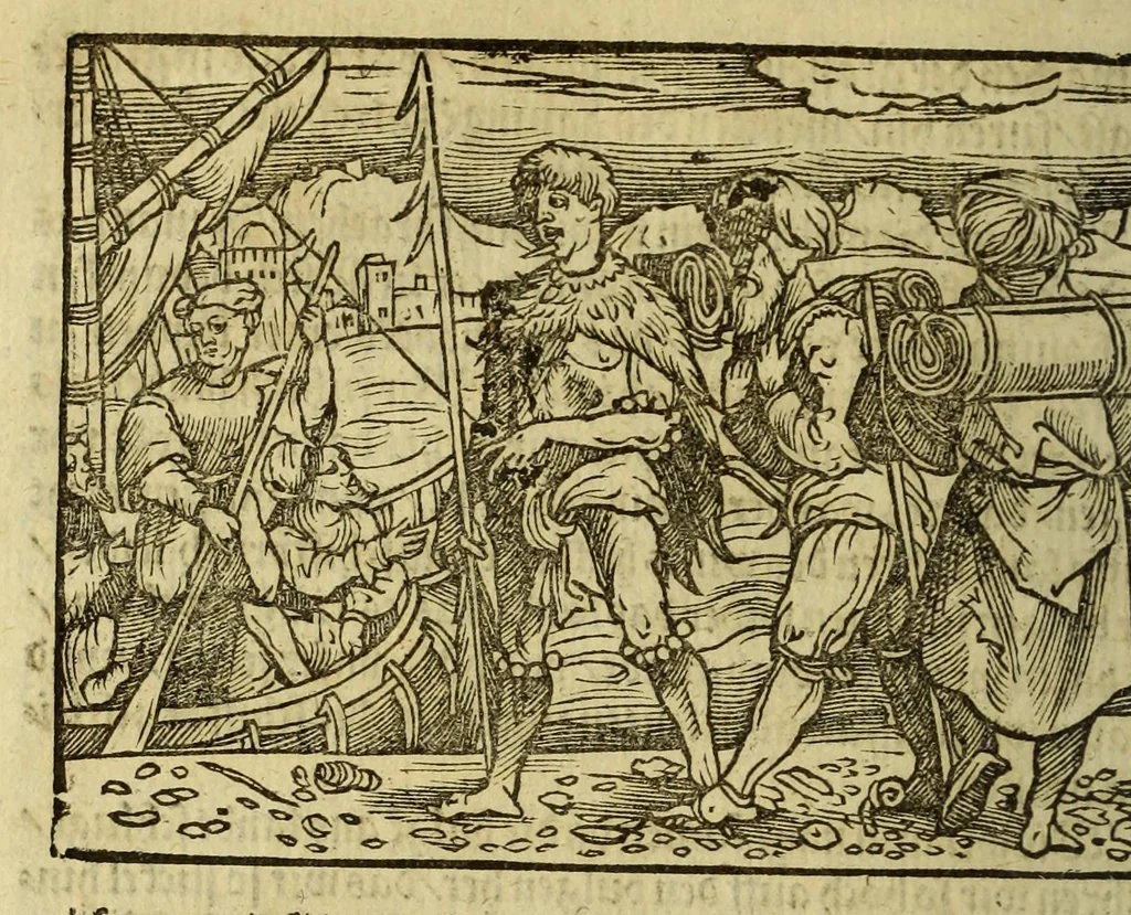An illustration from Warhafftig Historia vnnd Beschreibung einer Landtschafft der wilden, nacketen, grimmigen Menschfresser Leuthen, in der Newen Welt America gelegen, vor vnd nach Christi Geburt im Land zu Hessen vnbekant, biss auff dise ij. nechst vergangene Jar, da sie Hans Staden von Homberg auss Hessen durch seine eygne Erfarung erkant, vnd jetzund durch den Truck an Tag gibt. : mit einer Vorrede D. Joh. Dryandri ... : Inhalt des Büchlins volget nach den Vorreden, 1557, leaf 50