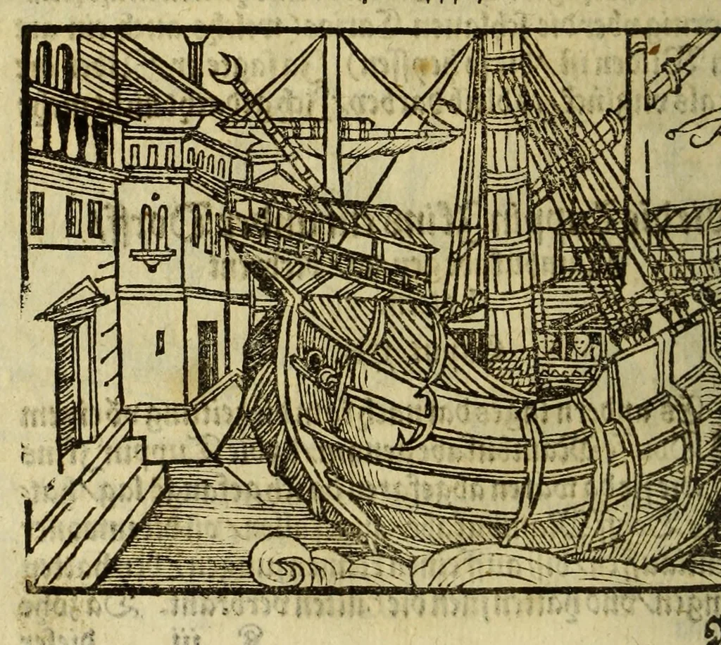 An illustration from Warhafftig Historia vnnd Beschreibung einer Landtschafft der wilden, nacketen, grimmigen Menschfresser Leuthen, in der Newen Welt America gelegen, vor vnd nach Christi Geburt im Land zu Hessen vnbekant, biss auff dise ij. nechst vergangene Jar, da sie Hans Staden von Homberg auss Hessen durch seine eygne Erfarung erkant, vnd jetzund durch den Truck an Tag gibt. : mit einer Vorrede D. Joh. Dryandri ... : Inhalt des Büchlins volget nach den Vorreden, 1557, leaf 84