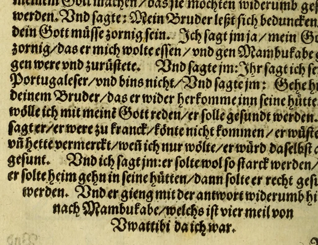 An illustration from Warhafftig Historia vnnd Beschreibung einer Landtschafft der wilden, nacketen, grimmigen Menschfresser Leuthen, in der Newen Welt America gelegen, vor vnd nach Christi Geburt im Land zu Hessen vnbekant, biss auff dise ij. nechst vergangene Jar, da sie Hans Staden von Homberg auss Hessen durch seine eygne Erfarung erkant, vnd jetzund durch den Truck an Tag gibt. : mit einer Vorrede D. Joh. Dryandri ... : Inhalt des Büchlins volget nach den Vorreden, 1557, leaf 86