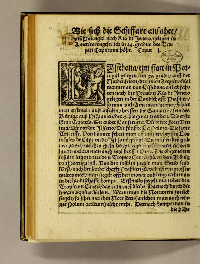 An illustration from Warhaftige Historia vnd Beschreibung eyner Landtschafft der wilden, nacketen, grimmigen Menschfresser Leuthen, in der Newenwelt America gelegen, vor vnd nach Christi Geburt im Land zu Hessen vnbekant, biss vff dise ij. nechst vergangene Jar, da sie Hans Staden von Homberg auss Hessen durch seine eygne Erfarung erkant, vnd yetzo durch den Truck an Tag gibt. : mit eyner Vorrede D. Joh. Dryandri ... Inhalt des Büchlins volget nach den Vorreden, 1557, leaf 134