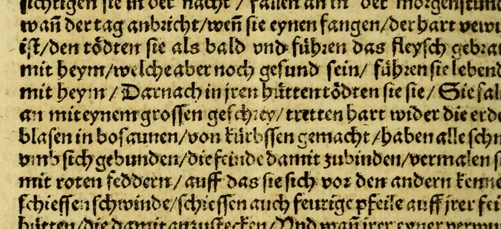 An illustration from Warhaftige Historia vnd Beschreibung eyner Landtschafft der wilden, nacketen, grimmigen Menschfresser Leuthen, in der Newenwelt America gelegen, vor vnd nach Christi Geburt im Land zu Hessen vnbekant, biss vff dise ij. nechst vergangene Jar, da sie Hans Staden von Homberg auss Hessen durch seine eygne Erfarung erkant, vnd yetzo durch den Truck an Tag gibt. : mit eyner Vorrede D. Joh. Dryandri ... Inhalt des Büchlins volget nach den Vorreden, 1557, leaf 162