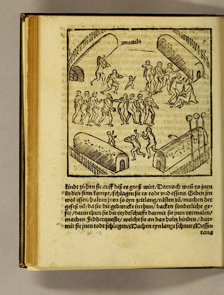 An illustration from Warhaftige Historia vnd Beschreibung eyner Landtschafft der wilden, nacketen, grimmigen Menschfresser Leuthen, in der Newenwelt America gelegen, vor vnd nach Christi Geburt im Land zu Hessen vnbekant, biss vff dise ij. nechst vergangene Jar, da sie Hans Staden von Homberg auss Hessen durch seine eygne Erfarung erkant, vnd yetzo durch den Truck an Tag gibt. : mit eyner Vorrede D. Joh. Dryandri ... Inhalt des Büchlins volget nach den Vorreden, 1557, leaf 164
