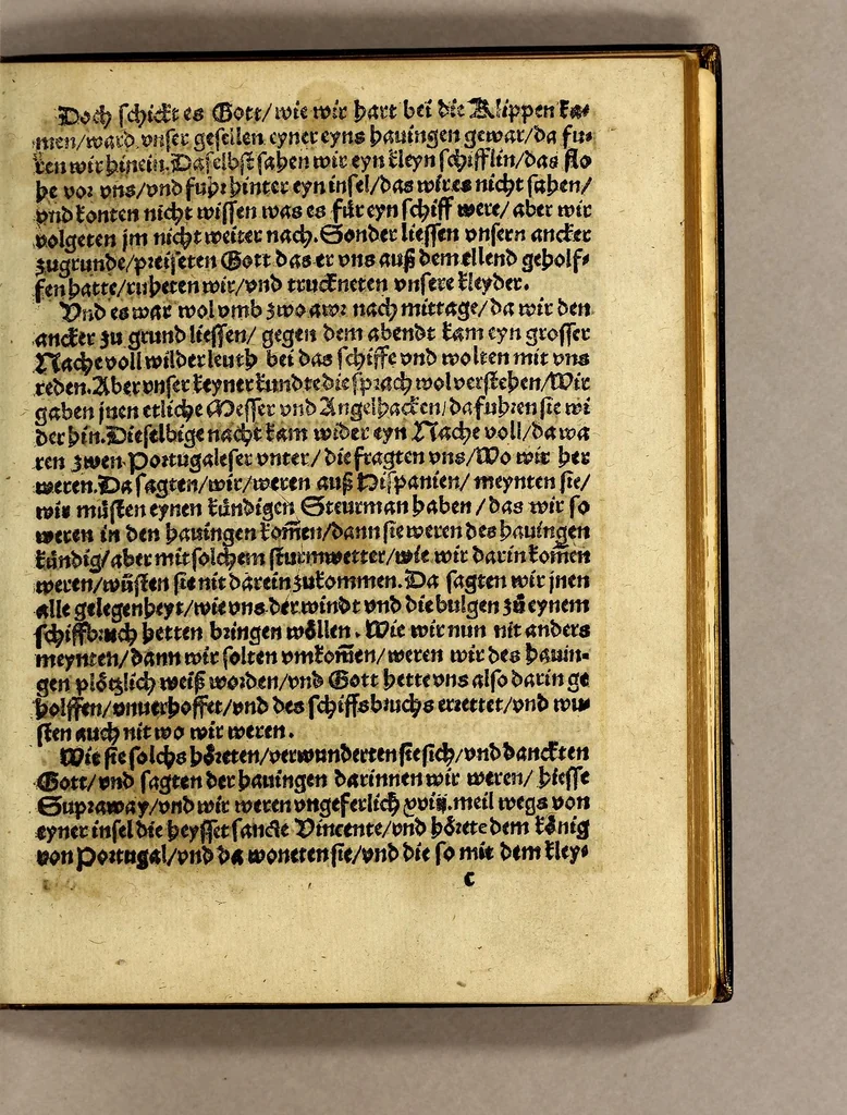 An illustration from Warhaftige Historia vnd Beschreibung eyner Landtschafft der wilden, nacketen, grimmigen Menschfresser Leuthen, in der Newenwelt America gelegen, vor vnd nach Christi Geburt im Land zu Hessen vnbekant, biss vff dise ij. nechst vergangene Jar, da sie Hans Staden von Homberg auss Hessen durch seine eygne Erfarung erkant, vnd yetzo durch den Truck an Tag gibt. : mit eyner Vorrede D. Joh. Dryandri ... Inhalt des Büchlins volget nach den Vorreden, 1557, leaf 39