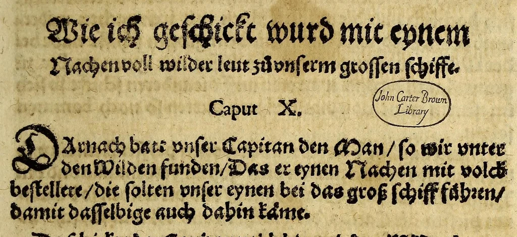An illustration from Warhaftige Historia vnd Beschreibung eyner Landtschafft der wilden, nacketen, grimmigen Menschfresser Leuthen, in der Newenwelt America gelegen, vor vnd nach Christi Geburt im Land zu Hessen vnbekant, biss vff dise ij. nechst vergangene Jar, da sie Hans Staden von Homberg auss Hessen durch seine eygne Erfarung erkant, vnd yetzo durch den Truck an Tag gibt. : mit eyner Vorrede D. Joh. Dryandri ... Inhalt des Büchlins volget nach den Vorreden, 1557, leaf 45