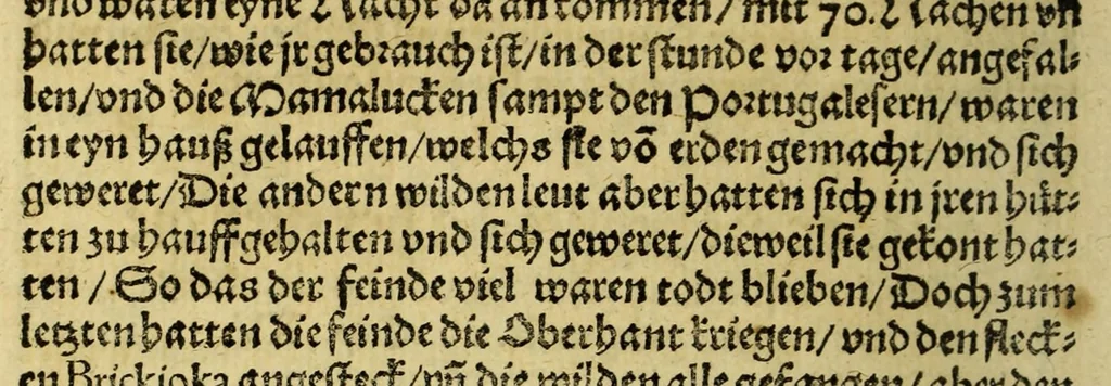 An illustration from Warhaftige Historia vnd Beschreibung eyner Landtschafft der wilden, nacketen, grimmigen Menschfresser Leuthen, in der Newenwelt America gelegen, vor vnd nach Christi Geburt im Land zu Hessen vnbekant, biss vff dise ij. nechst vergangene Jar, da sie Hans Staden von Homberg auss Hessen durch seine eygne Erfarung erkant, vnd yetzo durch den Truck an Tag gibt. : mit eyner Vorrede D. Joh. Dryandri ... Inhalt des Büchlins volget nach den Vorreden, 1557, leaf 54