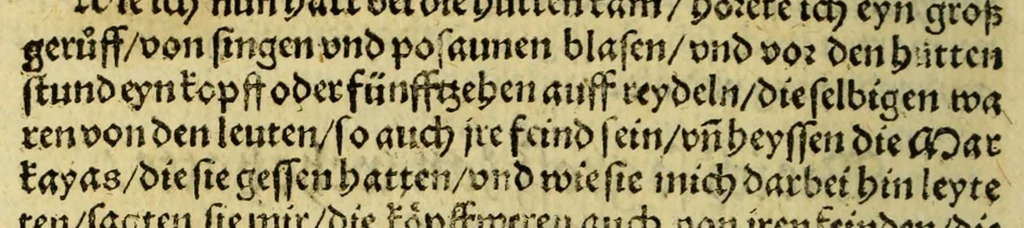 An illustration from Warhaftige Historia vnd Beschreibung eyner Landtschafft der wilden, nacketen, grimmigen Menschfresser Leuthen, in der Newenwelt America gelegen, vor vnd nach Christi Geburt im Land zu Hessen vnbekant, biss vff dise ij. nechst vergangene Jar, da sie Hans Staden von Homberg auss Hessen durch seine eygne Erfarung erkant, vnd yetzo durch den Truck an Tag gibt. : mit eyner Vorrede D. Joh. Dryandri ... Inhalt des Büchlins volget nach den Vorreden, 1557, leaf 76