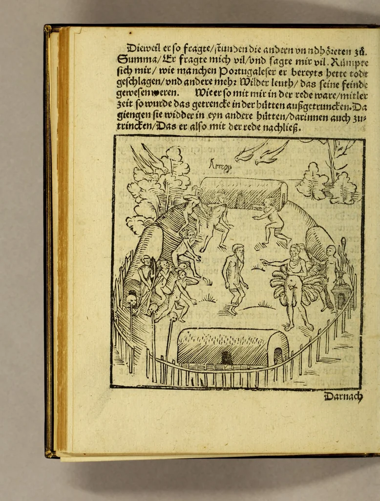 An illustration from Warhaftige Historia vnd Beschreibung eyner Landtschafft der wilden, nacketen, grimmigen Menschfresser Leuthen, in der Newenwelt America gelegen, vor vnd nach Christi Geburt im Land zu Hessen vnbekant, biss vff dise ij. nechst vergangene Jar, da sie Hans Staden von Homberg auss Hessen durch seine eygne Erfarung erkant, vnd yetzo durch den Truck an Tag gibt. : mit eyner Vorrede D. Joh. Dryandri ... Inhalt des Büchlins volget nach den Vorreden, 1557, leaf 78