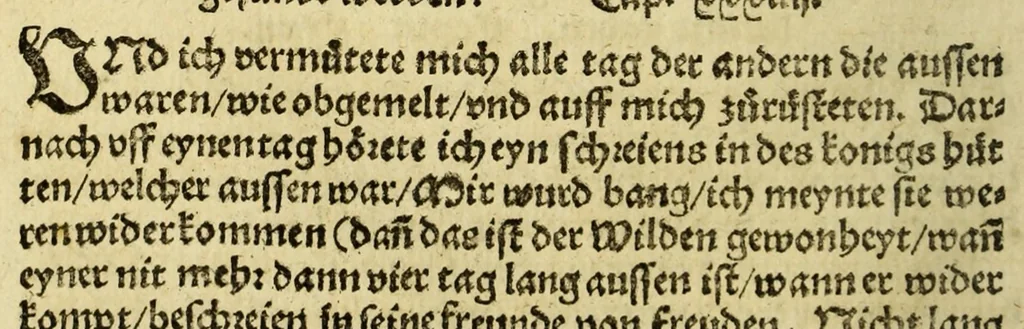 An illustration from Warhaftige Historia vnd Beschreibung eyner Landtschafft der wilden, nacketen, grimmigen Menschfresser Leuthen, in der Newenwelt America gelegen, vor vnd nach Christi Geburt im Land zu Hessen vnbekant, biss vff dise ij. nechst vergangene Jar, da sie Hans Staden von Homberg auss Hessen durch seine eygne Erfarung erkant, vnd yetzo durch den Truck an Tag gibt. : mit eyner Vorrede D. Joh. Dryandri ... Inhalt des Büchlins volget nach den Vorreden, 1557, leaf 84