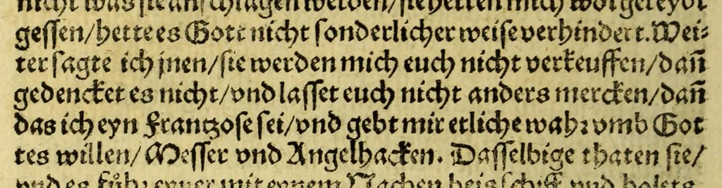 An illustration from Warhaftige Historia vnd Beschreibung eyner Landtschafft der wilden, nacketen, grimmigen Menschfresser Leuthen, in der Newenwelt America gelegen, vor vnd nach Christi Geburt im Land zu Hessen vnbekant, biss vff dise ij. nechst vergangene Jar, da sie Hans Staden von Homberg auss Hessen durch seine eygne Erfarung erkant, vnd yetzo durch den Truck an Tag gibt. : mit eyner Vorrede D. Joh. Dryandri ... Inhalt des Büchlins volget nach den Vorreden, 1557, leaf 98