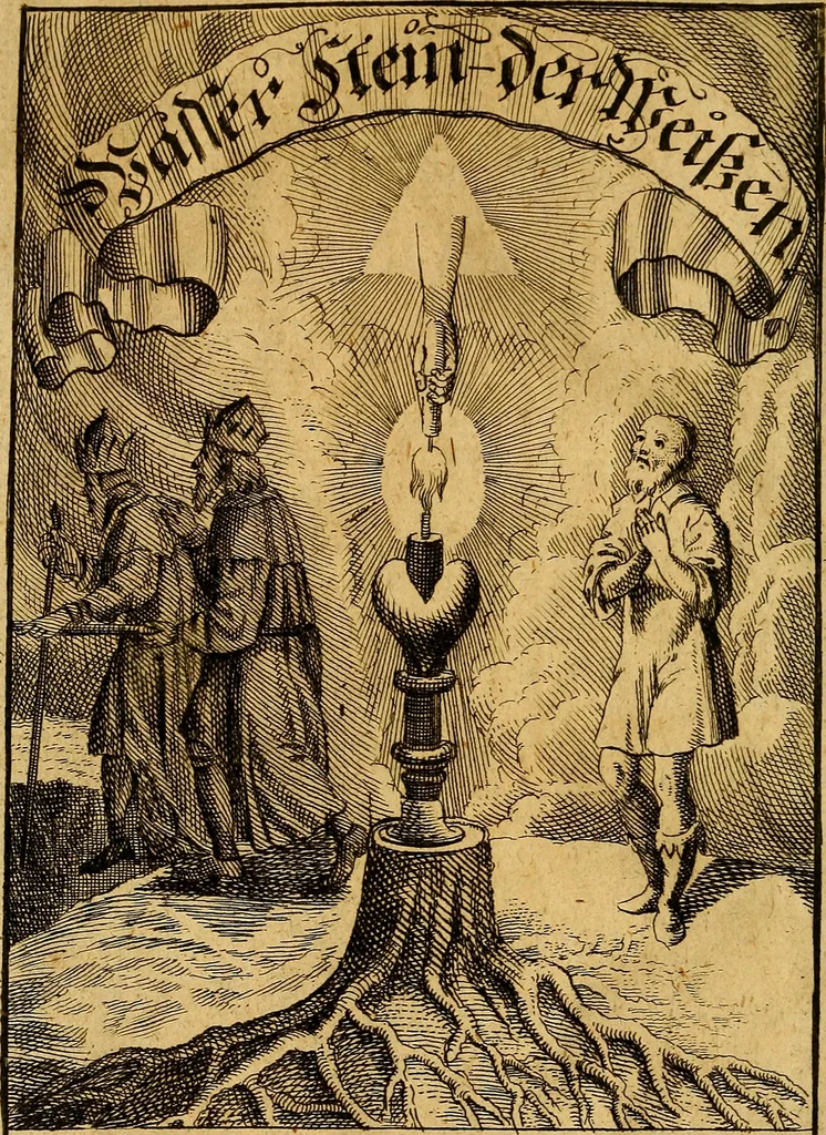 An illustration from Wasserstein der Weisen, oder, Chymisches Tractätlein : darinn der Weg gezeiget, die Materia genennet, und der Process beschrieben wird, zu dem hohen Geheimniss der Universal-Tinctur zu kommen ; dabey auch zwey sehr nützliche andere Büchlein der Gleichförmigkeit und Concordantz wegen angehängt: I. Johann von Mesung. II. Via veritatis der einigen Wahrheit, 1743, leaf 5