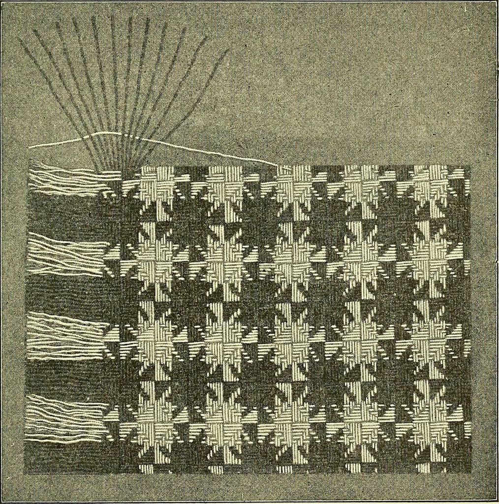 An illustration from Weave construction and cloth analysis : glossary of weaves, elementary textile designing, analysis of cotton fabrics, analysis of woolen and worsted fabrics, twill weaves and derivatives, satin and other weaves, combination weaves, construction of spot weaves, weaves for backed cotton fabrics, 1905, leaf 114