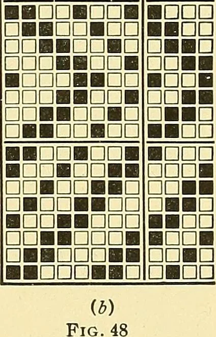 An illustration from Weave construction and cloth analysis : glossary of weaves, elementary textile designing, analysis of cotton fabrics, analysis of woolen and worsted fabrics, twill weaves and derivatives, satin and other weaves, combination weaves, construction of spot weaves, weaves for backed cotton fabrics, 1905, leaf 164