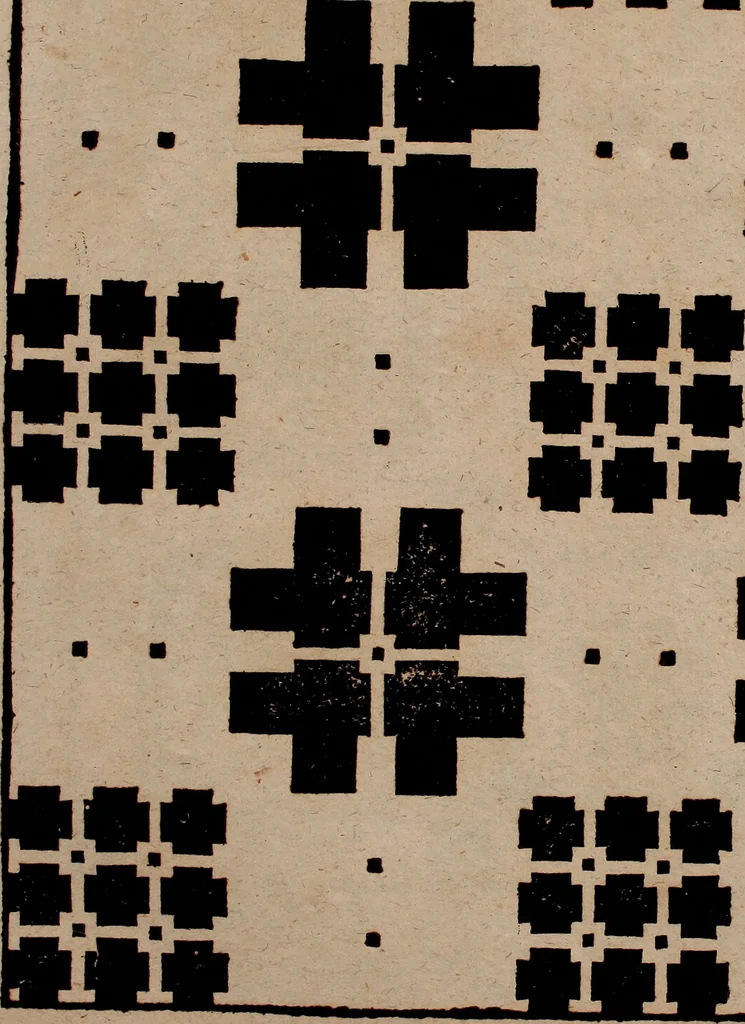 An illustration from Nützliches in lauter auserlesenen, wohl-approbirt- und meistentheils neu-inventirten Mustern bestehendes, Weber-Bild-Buch : als, zwey und siebenzig gesteinten Zeichnungen, von 15. bis auf 40. schäfftig und 32. Stück 16. und 20. schäfftigen Hin- und Wieder-Mödel, auch allerhand der nettesten Gattung von roth-gestreifften Arbeiten, sammt denen dazu gehörigen Zügen und Schnürungen : ingleichen allerhand nöthigen Bildern, auch Doppel-Kellisch, und einer Art von den Damast-Boden, 8. Flügel auf einen Bruch : dann eine Anweisung, wie sich diese Art Züg und Bilder zu halben Brüchen theilen, zerlegen, auch Doppel-Kellisch-Bilder so, wie man sie zum Gebrauch nöthig, selbst versetzen und verändern kan : wobey auch einer jeden Gattung insonderheit eine schrifftliche Anleitung voran gedruckt worden, 1783, leaf 112