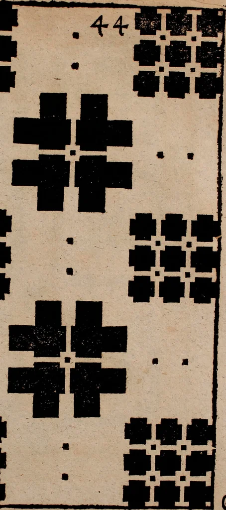 An illustration from Nützliches in lauter auserlesenen, wohl-approbirt- und meistentheils neu-inventirten Mustern bestehendes, Weber-Bild-Buch : als, zwey und siebenzig gesteinten Zeichnungen, von 15. bis auf 40. schäfftig und 32. Stück 16. und 20. schäfftigen Hin- und Wieder-Mödel, auch allerhand der nettesten Gattung von roth-gestreifften Arbeiten, sammt denen dazu gehörigen Zügen und Schnürungen : ingleichen allerhand nöthigen Bildern, auch Doppel-Kellisch, und einer Art von den Damast-Boden, 8. Flügel auf einen Bruch : dann eine Anweisung, wie sich diese Art Züg und Bilder zu halben Brüchen theilen, zerlegen, auch Doppel-Kellisch-Bilder so, wie man sie zum Gebrauch nöthig, selbst versetzen und verändern kan : wobey auch einer jeden Gattung insonderheit eine schrifftliche Anleitung voran gedruckt worden, 1783, leaf 112