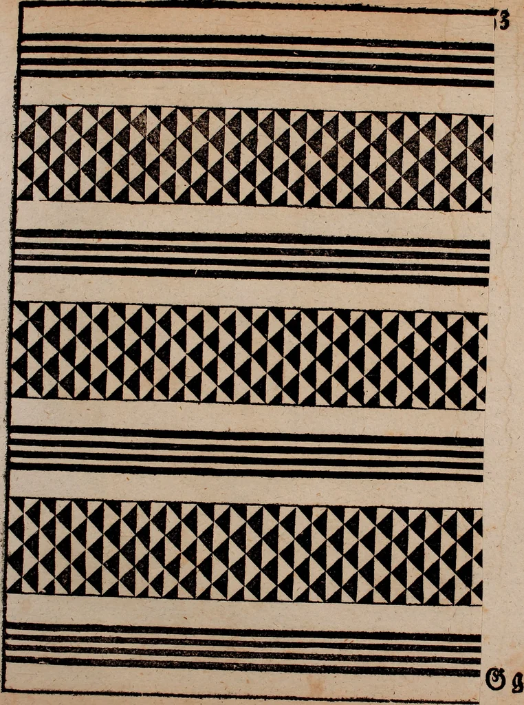 An illustration from Nützliches in lauter auserlesenen, wohl-approbirt- und meistentheils neu-inventirten Mustern bestehendes, Weber-Bild-Buch : als, zwey und siebenzig gesteinten Zeichnungen, von 15. bis auf 40. schäfftig und 32. Stück 16. und 20. schäfftigen Hin- und Wieder-Mödel, auch allerhand der nettesten Gattung von roth-gestreifften Arbeiten, sammt denen dazu gehörigen Zügen und Schnürungen : ingleichen allerhand nöthigen Bildern, auch Doppel-Kellisch, und einer Art von den Damast-Boden, 8. Flügel auf einen Bruch : dann eine Anweisung, wie sich diese Art Züg und Bilder zu halben Brüchen theilen, zerlegen, auch Doppel-Kellisch-Bilder so, wie man sie zum Gebrauch nöthig, selbst versetzen und verändern kan : wobey auch einer jeden Gattung insonderheit eine schrifftliche Anleitung voran gedruckt worden, 1783, leaf 118