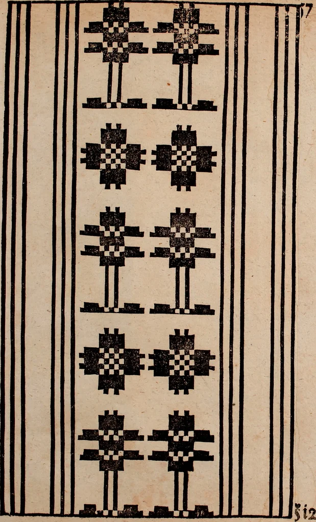 An illustration from Nützliches in lauter auserlesenen, wohl-approbirt- und meistentheils neu-inventirten Mustern bestehendes, Weber-Bild-Buch : als, zwey und siebenzig gesteinten Zeichnungen, von 15. bis auf 40. schäfftig und 32. Stück 16. und 20. schäfftigen Hin- und Wieder-Mödel, auch allerhand der nettesten Gattung von roth-gestreifften Arbeiten, sammt denen dazu gehörigen Zügen und Schnürungen : ingleichen allerhand nöthigen Bildern, auch Doppel-Kellisch, und einer Art von den Damast-Boden, 8. Flügel auf einen Bruch : dann eine Anweisung, wie sich diese Art Züg und Bilder zu halben Brüchen theilen, zerlegen, auch Doppel-Kellisch-Bilder so, wie man sie zum Gebrauch nöthig, selbst versetzen und verändern kan : wobey auch einer jeden Gattung insonderheit eine schrifftliche Anleitung voran gedruckt worden, 1783, leaf 126