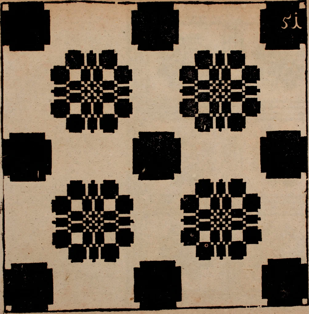 An illustration from Nützliches in lauter auserlesenen, wohl-approbirt- und meistentheils neu-inventirten Mustern bestehendes, Weber-Bild-Buch : als, zwey und siebenzig gesteinten Zeichnungen, von 15. bis auf 40. schäfftig und 32. Stück 16. und 20. schäfftigen Hin- und Wieder-Mödel, auch allerhand der nettesten Gattung von roth-gestreifften Arbeiten, sammt denen dazu gehörigen Zügen und Schnürungen : ingleichen allerhand nöthigen Bildern, auch Doppel-Kellisch, und einer Art von den Damast-Boden, 8. Flügel auf einen Bruch : dann eine Anweisung, wie sich diese Art Züg und Bilder zu halben Brüchen theilen, zerlegen, auch Doppel-Kellisch-Bilder so, wie man sie zum Gebrauch nöthig, selbst versetzen und verändern kan : wobey auch einer jeden Gattung insonderheit eine schrifftliche Anleitung voran gedruckt worden, 1783, leaf 132