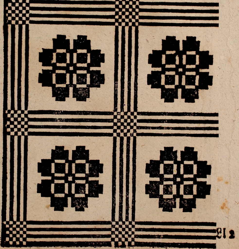 An illustration from Nützliches in lauter auserlesenen, wohl-approbirt- und meistentheils neu-inventirten Mustern bestehendes, Weber-Bild-Buch : als, zwey und siebenzig gesteinten Zeichnungen, von 15. bis auf 40. schäfftig und 32. Stück 16. und 20. schäfftigen Hin- und Wieder-Mödel, auch allerhand der nettesten Gattung von roth-gestreifften Arbeiten, sammt denen dazu gehörigen Zügen und Schnürungen : ingleichen allerhand nöthigen Bildern, auch Doppel-Kellisch, und einer Art von den Damast-Boden, 8. Flügel auf einen Bruch : dann eine Anweisung, wie sich diese Art Züg und Bilder zu halben Brüchen theilen, zerlegen, auch Doppel-Kellisch-Bilder so, wie man sie zum Gebrauch nöthig, selbst versetzen und verändern kan : wobey auch einer jeden Gattung insonderheit eine schrifftliche Anleitung voran gedruckt worden, 1783, leaf 134