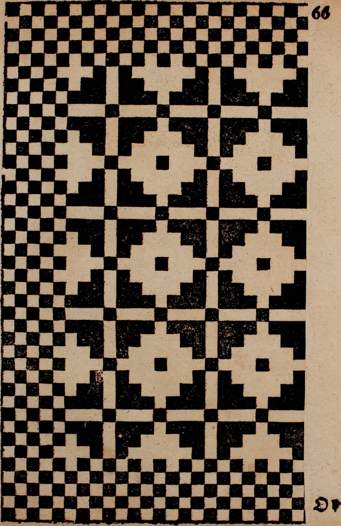 An illustration from Nützliches in lauter auserlesenen, wohl-approbirt- und meistentheils neu-inventirten Mustern bestehendes, Weber-Bild-Buch : als, zwey und siebenzig gesteinten Zeichnungen, von 15. bis auf 40. schäfftig und 32. Stück 16. und 20. schäfftigen Hin- und Wieder-Mödel, auch allerhand der nettesten Gattung von roth-gestreifften Arbeiten, sammt denen dazu gehörigen Zügen und Schnürungen : ingleichen allerhand nöthigen Bildern, auch Doppel-Kellisch, und einer Art von den Damast-Boden, 8. Flügel auf einen Bruch : dann eine Anweisung, wie sich diese Art Züg und Bilder zu halben Brüchen theilen, zerlegen, auch Doppel-Kellisch-Bilder so, wie man sie zum Gebrauch nöthig, selbst versetzen und verändern kan : wobey auch einer jeden Gattung insonderheit eine schrifftliche Anleitung voran gedruckt worden, 1783, leaf 144