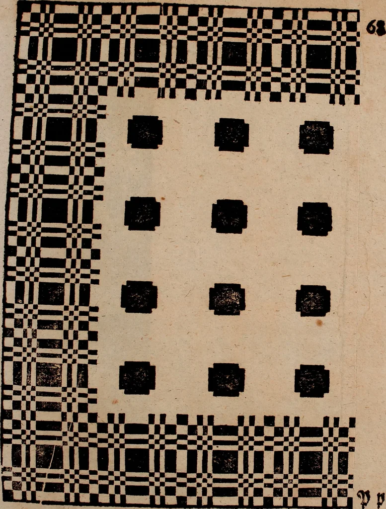 An illustration from Nützliches in lauter auserlesenen, wohl-approbirt- und meistentheils neu-inventirten Mustern bestehendes, Weber-Bild-Buch : als, zwey und siebenzig gesteinten Zeichnungen, von 15. bis auf 40. schäfftig und 32. Stück 16. und 20. schäfftigen Hin- und Wieder-Mödel, auch allerhand der nettesten Gattung von roth-gestreifften Arbeiten, sammt denen dazu gehörigen Zügen und Schnürungen : ingleichen allerhand nöthigen Bildern, auch Doppel-Kellisch, und einer Art von den Damast-Boden, 8. Flügel auf einen Bruch : dann eine Anweisung, wie sich diese Art Züg und Bilder zu halben Brüchen theilen, zerlegen, auch Doppel-Kellisch-Bilder so, wie man sie zum Gebrauch nöthig, selbst versetzen und verändern kan : wobey auch einer jeden Gattung insonderheit eine schrifftliche Anleitung voran gedruckt worden, 1783, leaf 148