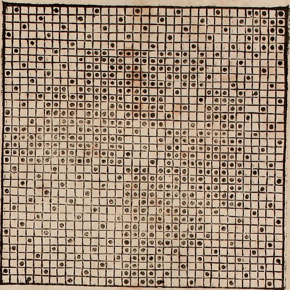 An illustration from Nützliches in lauter auserlesenen, wohl-approbirt- und meistentheils neu-inventirten Mustern bestehendes, Weber-Bild-Buch : als, zwey und siebenzig gesteinten Zeichnungen, von 15. bis auf 40. schäfftig und 32. Stück 16. und 20. schäfftigen Hin- und Wieder-Mödel, auch allerhand der nettesten Gattung von roth-gestreifften Arbeiten, sammt denen dazu gehörigen Zügen und Schnürungen : ingleichen allerhand nöthigen Bildern, auch Doppel-Kellisch, und einer Art von den Damast-Boden, 8. Flügel auf einen Bruch : dann eine Anweisung, wie sich diese Art Züg und Bilder zu halben Brüchen theilen, zerlegen, auch Doppel-Kellisch-Bilder so, wie man sie zum Gebrauch nöthig, selbst versetzen und verändern kan : wobey auch einer jeden Gattung insonderheit eine schrifftliche Anleitung voran gedruckt worden, 1783, leaf 150