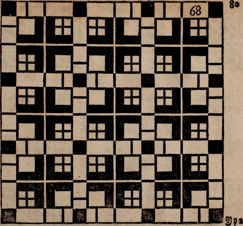 An illustration from Nützliches in lauter auserlesenen, wohl-approbirt- und meistentheils neu-inventirten Mustern bestehendes, Weber-Bild-Buch : als, zwey und siebenzig gesteinten Zeichnungen, von 15. bis auf 40. schäfftig und 32. Stück 16. und 20. schäfftigen Hin- und Wieder-Mödel, auch allerhand der nettesten Gattung von roth-gestreifften Arbeiten, sammt denen dazu gehörigen Zügen und Schnürungen : ingleichen allerhand nöthigen Bildern, auch Doppel-Kellisch, und einer Art von den Damast-Boden, 8. Flügel auf einen Bruch : dann eine Anweisung, wie sich diese Art Züg und Bilder zu halben Brüchen theilen, zerlegen, auch Doppel-Kellisch-Bilder so, wie man sie zum Gebrauch nöthig, selbst versetzen und verändern kan : wobey auch einer jeden Gattung insonderheit eine schrifftliche Anleitung voran gedruckt worden, 1783, leaf 172