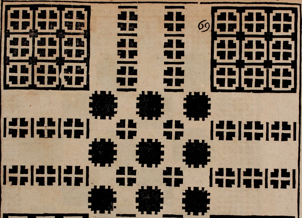 An illustration from Nützliches in lauter auserlesenen, wohl-approbirt- und meistentheils neu-inventirten Mustern bestehendes, Weber-Bild-Buch : als, zwey und siebenzig gesteinten Zeichnungen, von 15. bis auf 40. schäfftig und 32. Stück 16. und 20. schäfftigen Hin- und Wieder-Mödel, auch allerhand der nettesten Gattung von roth-gestreifften Arbeiten, sammt denen dazu gehörigen Zügen und Schnürungen : ingleichen allerhand nöthigen Bildern, auch Doppel-Kellisch, und einer Art von den Damast-Boden, 8. Flügel auf einen Bruch : dann eine Anweisung, wie sich diese Art Züg und Bilder zu halben Brüchen theilen, zerlegen, auch Doppel-Kellisch-Bilder so, wie man sie zum Gebrauch nöthig, selbst versetzen und verändern kan : wobey auch einer jeden Gattung insonderheit eine schrifftliche Anleitung voran gedruckt worden, 1783, leaf 174