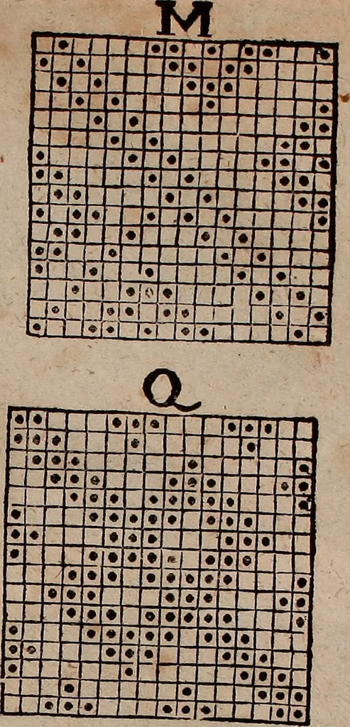 An illustration from Nützliches in lauter auserlesenen, wohl-approbirt- und meistentheils neu-inventirten Mustern bestehendes, Weber-Bild-Buch : als, zwey und siebenzig gesteinten Zeichnungen, von 15. bis auf 40. schäfftig und 32. Stück 16. und 20. schäfftigen Hin- und Wieder-Mödel, auch allerhand der nettesten Gattung von roth-gestreifften Arbeiten, sammt denen dazu gehörigen Zügen und Schnürungen : ingleichen allerhand nöthigen Bildern, auch Doppel-Kellisch, und einer Art von den Damast-Boden, 8. Flügel auf einen Bruch : dann eine Anweisung, wie sich diese Art Züg und Bilder zu halben Brüchen theilen, zerlegen, auch Doppel-Kellisch-Bilder so, wie man sie zum Gebrauch nöthig, selbst versetzen und verändern kan : wobey auch einer jeden Gattung insonderheit eine schrifftliche Anleitung voran gedruckt worden, 1783, leaf 184