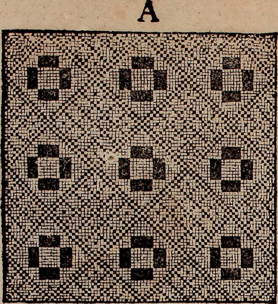 An illustration from Nützliches in lauter auserlesenen, wohl-approbirt- und meistentheils neu-inventirten Mustern bestehendes, Weber-Bild-Buch : als, zwey und siebenzig gesteinten Zeichnungen, von 15. bis auf 40. schäfftig und 32. Stück 16. und 20. schäfftigen Hin- und Wieder-Mödel, auch allerhand der nettesten Gattung von roth-gestreifften Arbeiten, sammt denen dazu gehörigen Zügen und Schnürungen : ingleichen allerhand nöthigen Bildern, auch Doppel-Kellisch, und einer Art von den Damast-Boden, 8. Flügel auf einen Bruch : dann eine Anweisung, wie sich diese Art Züg und Bilder zu halben Brüchen theilen, zerlegen, auch Doppel-Kellisch-Bilder so, wie man sie zum Gebrauch nöthig, selbst versetzen und verändern kan : wobey auch einer jeden Gattung insonderheit eine schrifftliche Anleitung voran gedruckt worden, 1783, leaf 186