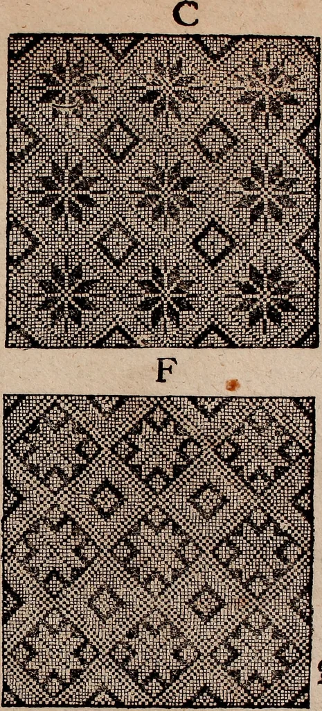 An illustration from Nützliches in lauter auserlesenen, wohl-approbirt- und meistentheils neu-inventirten Mustern bestehendes, Weber-Bild-Buch : als, zwey und siebenzig gesteinten Zeichnungen, von 15. bis auf 40. schäfftig und 32. Stück 16. und 20. schäfftigen Hin- und Wieder-Mödel, auch allerhand der nettesten Gattung von roth-gestreifften Arbeiten, sammt denen dazu gehörigen Zügen und Schnürungen : ingleichen allerhand nöthigen Bildern, auch Doppel-Kellisch, und einer Art von den Damast-Boden, 8. Flügel auf einen Bruch : dann eine Anweisung, wie sich diese Art Züg und Bilder zu halben Brüchen theilen, zerlegen, auch Doppel-Kellisch-Bilder so, wie man sie zum Gebrauch nöthig, selbst versetzen und verändern kan : wobey auch einer jeden Gattung insonderheit eine schrifftliche Anleitung voran gedruckt worden, 1783, leaf 186