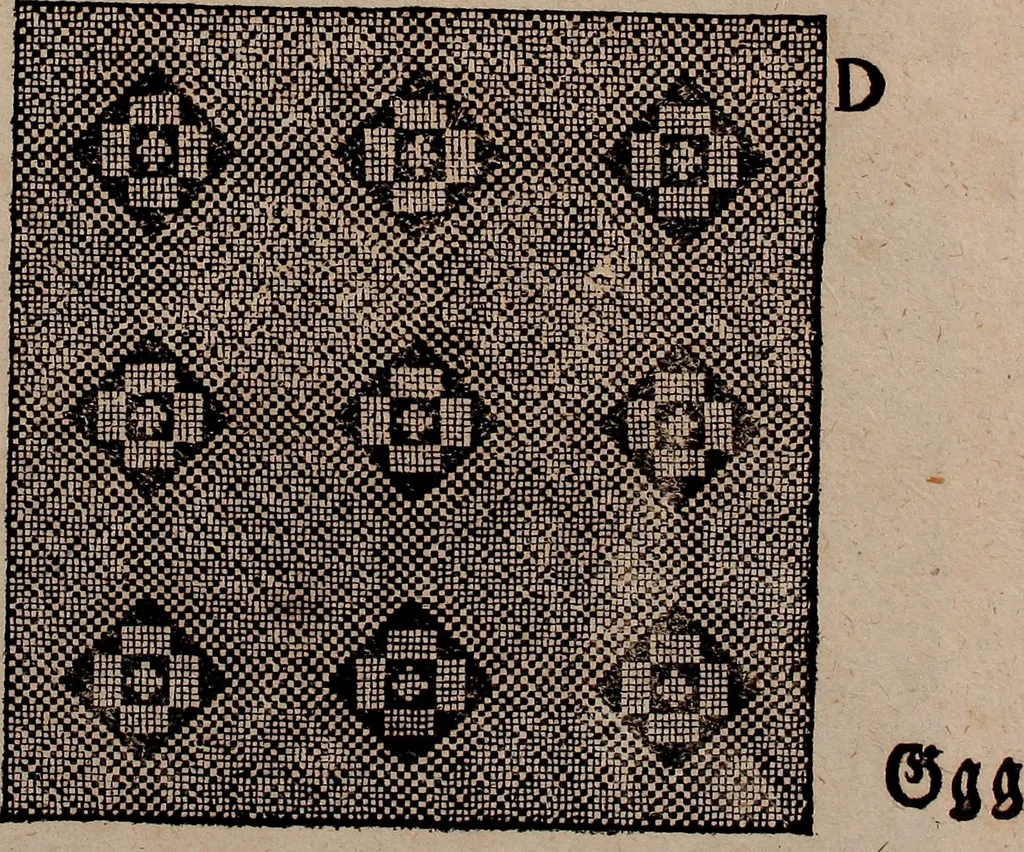 An illustration from Nützliches in lauter auserlesenen, wohl-approbirt- und meistentheils neu-inventirten Mustern bestehendes, Weber-Bild-Buch : als, zwey und siebenzig gesteinten Zeichnungen, von 15. bis auf 40. schäfftig und 32. Stück 16. und 20. schäfftigen Hin- und Wieder-Mödel, auch allerhand der nettesten Gattung von roth-gestreifften Arbeiten, sammt denen dazu gehörigen Zügen und Schnürungen : ingleichen allerhand nöthigen Bildern, auch Doppel-Kellisch, und einer Art von den Damast-Boden, 8. Flügel auf einen Bruch : dann eine Anweisung, wie sich diese Art Züg und Bilder zu halben Brüchen theilen, zerlegen, auch Doppel-Kellisch-Bilder so, wie man sie zum Gebrauch nöthig, selbst versetzen und verändern kan : wobey auch einer jeden Gattung insonderheit eine schrifftliche Anleitung voran gedruckt worden, 1783, leaf 196