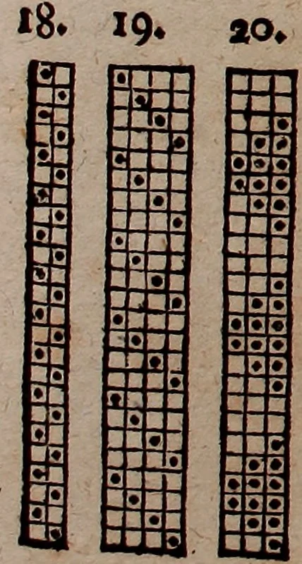 An illustration from Nützliches in lauter auserlesenen, wohl-approbirt- und meistentheils neu-inventirten Mustern bestehendes, Weber-Bild-Buch : als, zwey und siebenzig gesteinten Zeichnungen, von 15. bis auf 40. schäfftig und 32. Stück 16. und 20. schäfftigen Hin- und Wieder-Mödel, auch allerhand der nettesten Gattung von roth-gestreifften Arbeiten, sammt denen dazu gehörigen Zügen und Schnürungen : ingleichen allerhand nöthigen Bildern, auch Doppel-Kellisch, und einer Art von den Damast-Boden, 8. Flügel auf einen Bruch : dann eine Anweisung, wie sich diese Art Züg und Bilder zu halben Brüchen theilen, zerlegen, auch Doppel-Kellisch-Bilder so, wie man sie zum Gebrauch nöthig, selbst versetzen und verändern kan : wobey auch einer jeden Gattung insonderheit eine schrifftliche Anleitung voran gedruckt worden, 1783, leaf 202