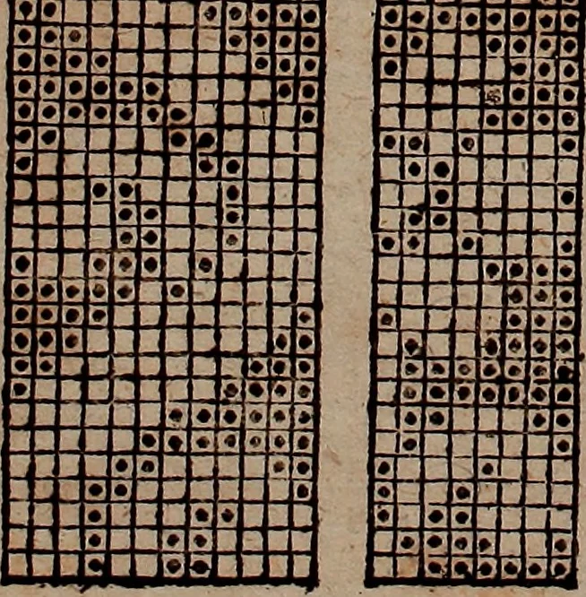 An illustration from Nützliches in lauter auserlesenen, wohl-approbirt- und meistentheils neu-inventirten Mustern bestehendes, Weber-Bild-Buch : als, zwey und siebenzig gesteinten Zeichnungen, von 15. bis auf 40. schäfftig und 32. Stück 16. und 20. schäfftigen Hin- und Wieder-Mödel, auch allerhand der nettesten Gattung von roth-gestreifften Arbeiten, sammt denen dazu gehörigen Zügen und Schnürungen : ingleichen allerhand nöthigen Bildern, auch Doppel-Kellisch, und einer Art von den Damast-Boden, 8. Flügel auf einen Bruch : dann eine Anweisung, wie sich diese Art Züg und Bilder zu halben Brüchen theilen, zerlegen, auch Doppel-Kellisch-Bilder so, wie man sie zum Gebrauch nöthig, selbst versetzen und verändern kan : wobey auch einer jeden Gattung insonderheit eine schrifftliche Anleitung voran gedruckt worden, 1783, leaf 202