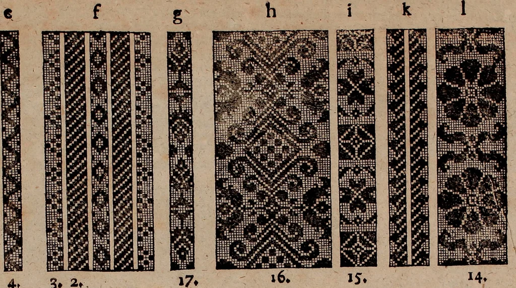 An illustration from Nützliches in lauter auserlesenen, wohl-approbirt- und meistentheils neu-inventirten Mustern bestehendes, Weber-Bild-Buch : als, zwey und siebenzig gesteinten Zeichnungen, von 15. bis auf 40. schäfftig und 32. Stück 16. und 20. schäfftigen Hin- und Wieder-Mödel, auch allerhand der nettesten Gattung von roth-gestreifften Arbeiten, sammt denen dazu gehörigen Zügen und Schnürungen : ingleichen allerhand nöthigen Bildern, auch Doppel-Kellisch, und einer Art von den Damast-Boden, 8. Flügel auf einen Bruch : dann eine Anweisung, wie sich diese Art Züg und Bilder zu halben Brüchen theilen, zerlegen, auch Doppel-Kellisch-Bilder so, wie man sie zum Gebrauch nöthig, selbst versetzen und verändern kan : wobey auch einer jeden Gattung insonderheit eine schrifftliche Anleitung voran gedruckt worden, 1783, leaf 204