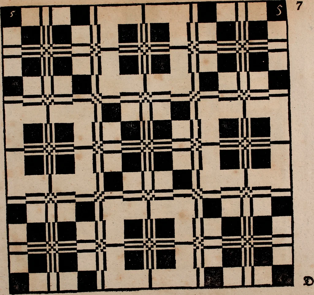 An illustration from Nützliches in lauter auserlesenen, wohl-approbirt- und meistentheils neu-inventirten Mustern bestehendes, Weber-Bild-Buch : als, zwey und siebenzig gesteinten Zeichnungen, von 15. bis auf 40. schäfftig und 32. Stück 16. und 20. schäfftigen Hin- und Wieder-Mödel, auch allerhand der nettesten Gattung von roth-gestreifften Arbeiten, sammt denen dazu gehörigen Zügen und Schnürungen : ingleichen allerhand nöthigen Bildern, auch Doppel-Kellisch, und einer Art von den Damast-Boden, 8. Flügel auf einen Bruch : dann eine Anweisung, wie sich diese Art Züg und Bilder zu halben Brüchen theilen, zerlegen, auch Doppel-Kellisch-Bilder so, wie man sie zum Gebrauch nöthig, selbst versetzen und verändern kan : wobey auch einer jeden Gattung insonderheit eine schrifftliche Anleitung voran gedruckt worden, 1783, leaf 26