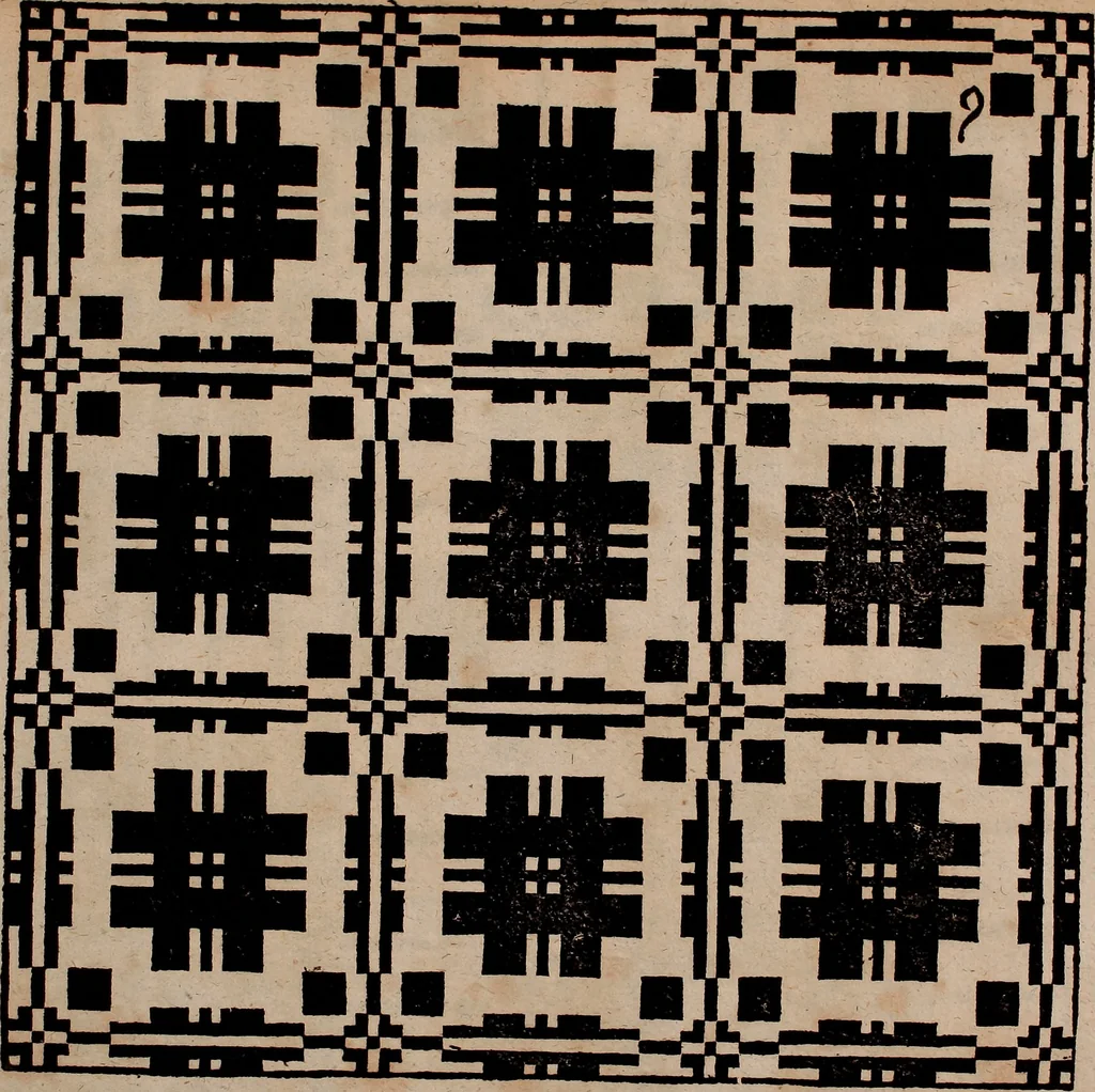 An illustration from Nützliches in lauter auserlesenen, wohl-approbirt- und meistentheils neu-inventirten Mustern bestehendes, Weber-Bild-Buch : als, zwey und siebenzig gesteinten Zeichnungen, von 15. bis auf 40. schäfftig und 32. Stück 16. und 20. schäfftigen Hin- und Wieder-Mödel, auch allerhand der nettesten Gattung von roth-gestreifften Arbeiten, sammt denen dazu gehörigen Zügen und Schnürungen : ingleichen allerhand nöthigen Bildern, auch Doppel-Kellisch, und einer Art von den Damast-Boden, 8. Flügel auf einen Bruch : dann eine Anweisung, wie sich diese Art Züg und Bilder zu halben Brüchen theilen, zerlegen, auch Doppel-Kellisch-Bilder so, wie man sie zum Gebrauch nöthig, selbst versetzen und verändern kan : wobey auch einer jeden Gattung insonderheit eine schrifftliche Anleitung voran gedruckt worden, 1783, leaf 34