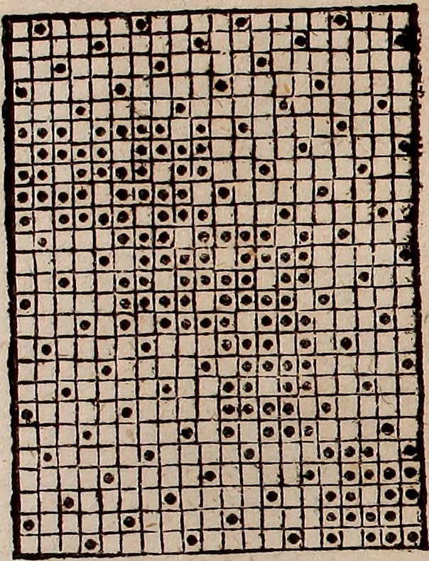 An illustration from Nützliches in lauter auserlesenen, wohl-approbirt- und meistentheils neu-inventirten Mustern bestehendes, Weber-Bild-Buch : als, zwey und siebenzig gesteinten Zeichnungen, von 15. bis auf 40. schäfftig und 32. Stück 16. und 20. schäfftigen Hin- und Wieder-Mödel, auch allerhand der nettesten Gattung von roth-gestreifften Arbeiten, sammt denen dazu gehörigen Zügen und Schnürungen : ingleichen allerhand nöthigen Bildern, auch Doppel-Kellisch, und einer Art von den Damast-Boden, 8. Flügel auf einen Bruch : dann eine Anweisung, wie sich diese Art Züg und Bilder zu halben Brüchen theilen, zerlegen, auch Doppel-Kellisch-Bilder so, wie man sie zum Gebrauch nöthig, selbst versetzen und verändern kan : wobey auch einer jeden Gattung insonderheit eine schrifftliche Anleitung voran gedruckt worden, 1783, leaf 84