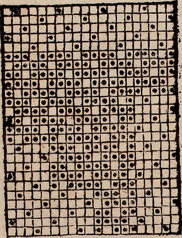 An illustration from Nützliches in lauter auserlesenen, wohl-approbirt- und meistentheils neu-inventirten Mustern bestehendes, Weber-Bild-Buch : als, zwey und siebenzig gesteinten Zeichnungen, von 15. bis auf 40. schäfftig und 32. Stück 16. und 20. schäfftigen Hin- und Wieder-Mödel, auch allerhand der nettesten Gattung von roth-gestreifften Arbeiten, sammt denen dazu gehörigen Zügen und Schnürungen : ingleichen allerhand nöthigen Bildern, auch Doppel-Kellisch, und einer Art von den Damast-Boden, 8. Flügel auf einen Bruch : dann eine Anweisung, wie sich diese Art Züg und Bilder zu halben Brüchen theilen, zerlegen, auch Doppel-Kellisch-Bilder so, wie man sie zum Gebrauch nöthig, selbst versetzen und verändern kan : wobey auch einer jeden Gattung insonderheit eine schrifftliche Anleitung voran gedruckt worden, 1783, leaf 84
