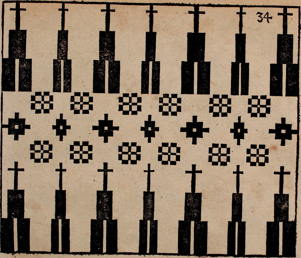 An illustration from Nützliches in lauter auserlesenen, wohl-approbirt- und meistentheils neu-inventirten Mustern bestehendes, Weber-Bild-Buch : als, zwey und siebenzig gesteinten Zeichnungen, von 15. bis auf 40. schäfftig und 32. Stück 16. und 20. schäfftigen Hin- und Wieder-Mödel, auch allerhand der nettesten Gattung von roth-gestreifften Arbeiten, sammt denen dazu gehörigen Zügen und Schnürungen : ingleichen allerhand nöthigen Bildern, auch Doppel-Kellisch, und einer Art von den Damast-Boden, 8. Flügel auf einen Bruch : dann eine Anweisung, wie sich diese Art Züg und Bilder zu halben Brüchen theilen, zerlegen, auch Doppel-Kellisch-Bilder so, wie man sie zum Gebrauch nöthig, selbst versetzen und verändern kan : wobey auch einer jeden Gattung insonderheit eine schrifftliche Anleitung voran gedruckt worden, 1783, leaf 94