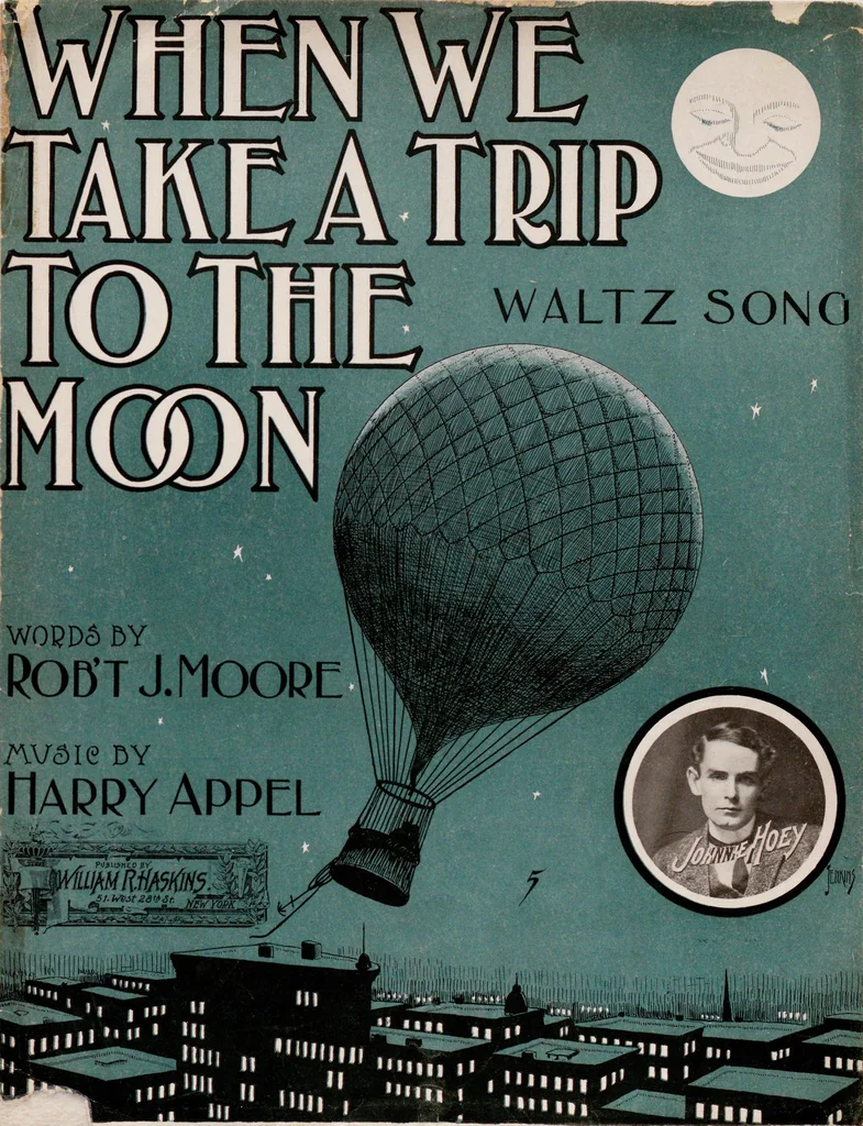 An illustration from When we take a trip to the moon : waltz song, 1905, leaf 1